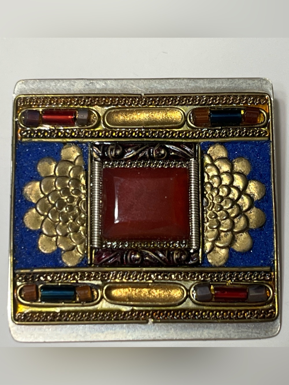 Vintage Byzantine Mosaic Square Decorative Brooch/Pendent with Red Cabochon